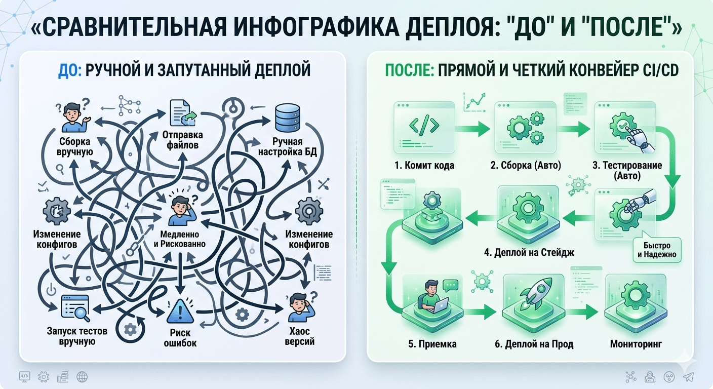 devops кейс сравнение ручного и автоматизированного деплоя инфографика