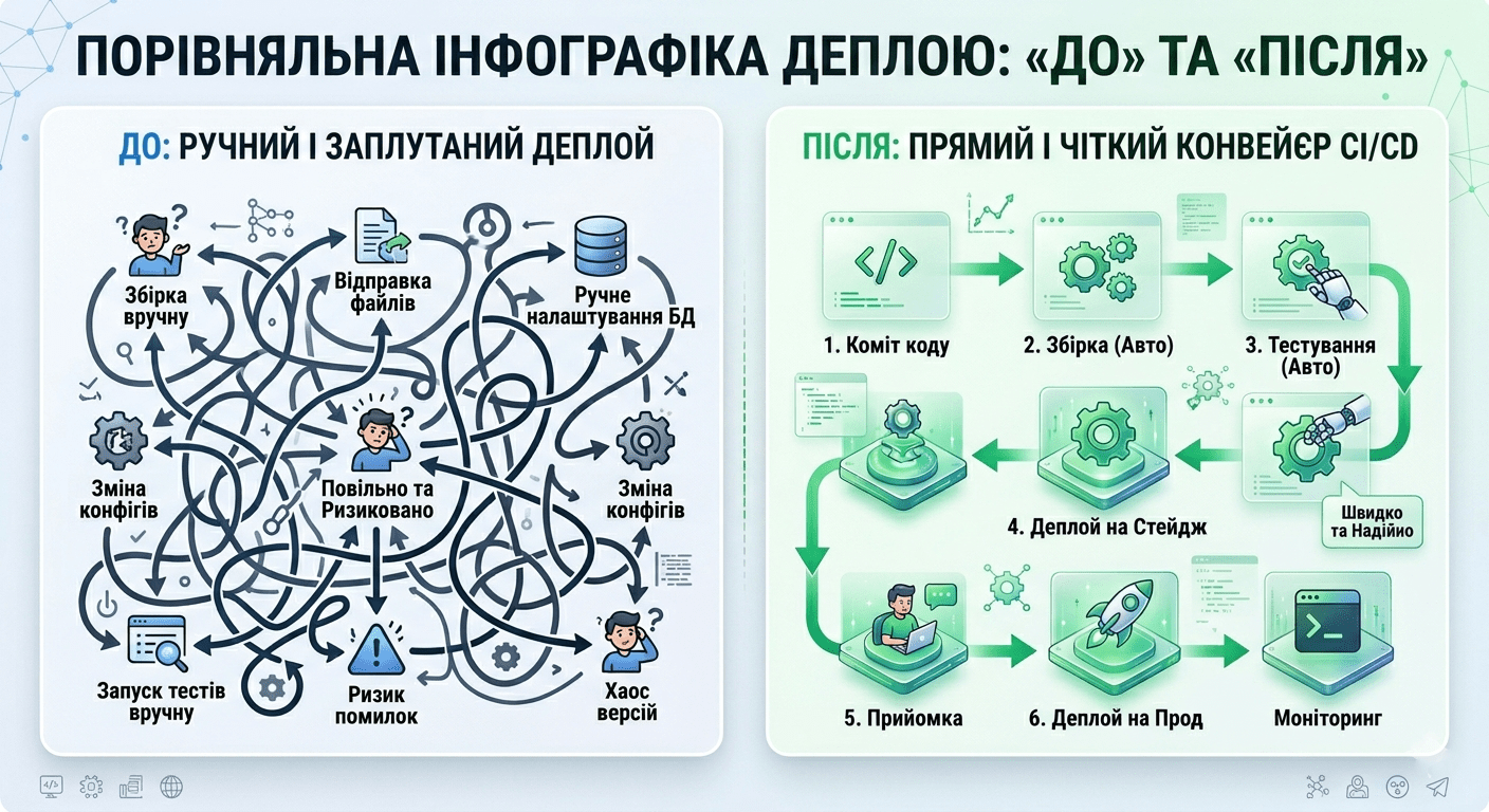 devops кейс порівняння ручного та автоматизованого деплою інфографіка
