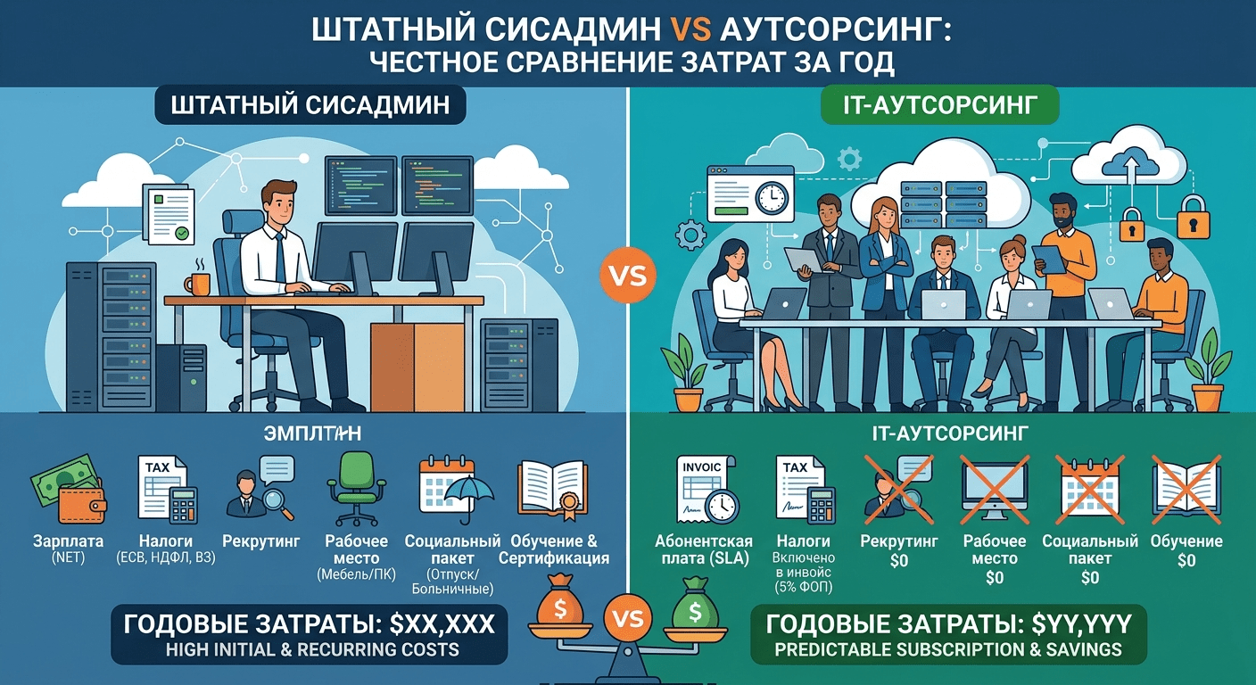 прямые и скрытые затраты на штатного сисадмина против аутсорсинга