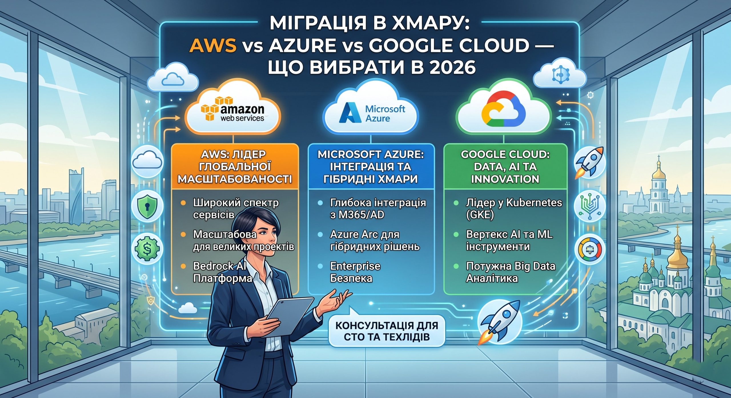 Міграція в хмару: AWS vs Azure vs Google Cloud - що вибрати в 2026