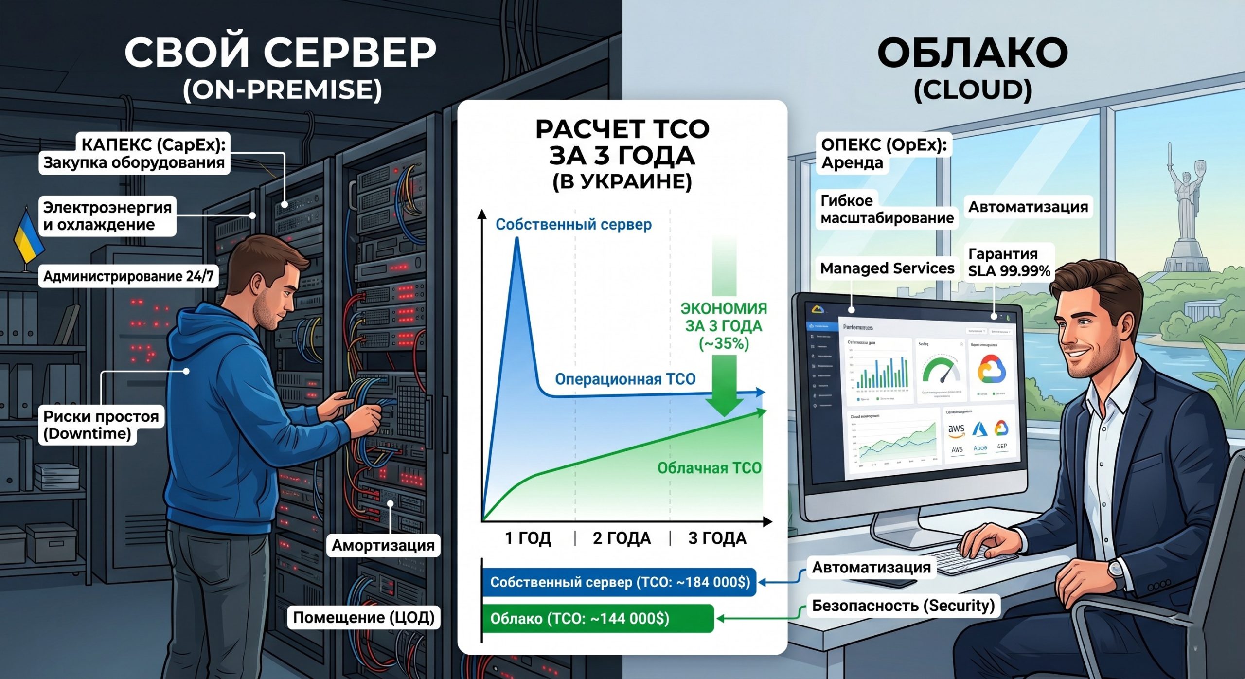 Сравнение затрат CapEx на свой сервер и OpEx в облаке при расчете TCO