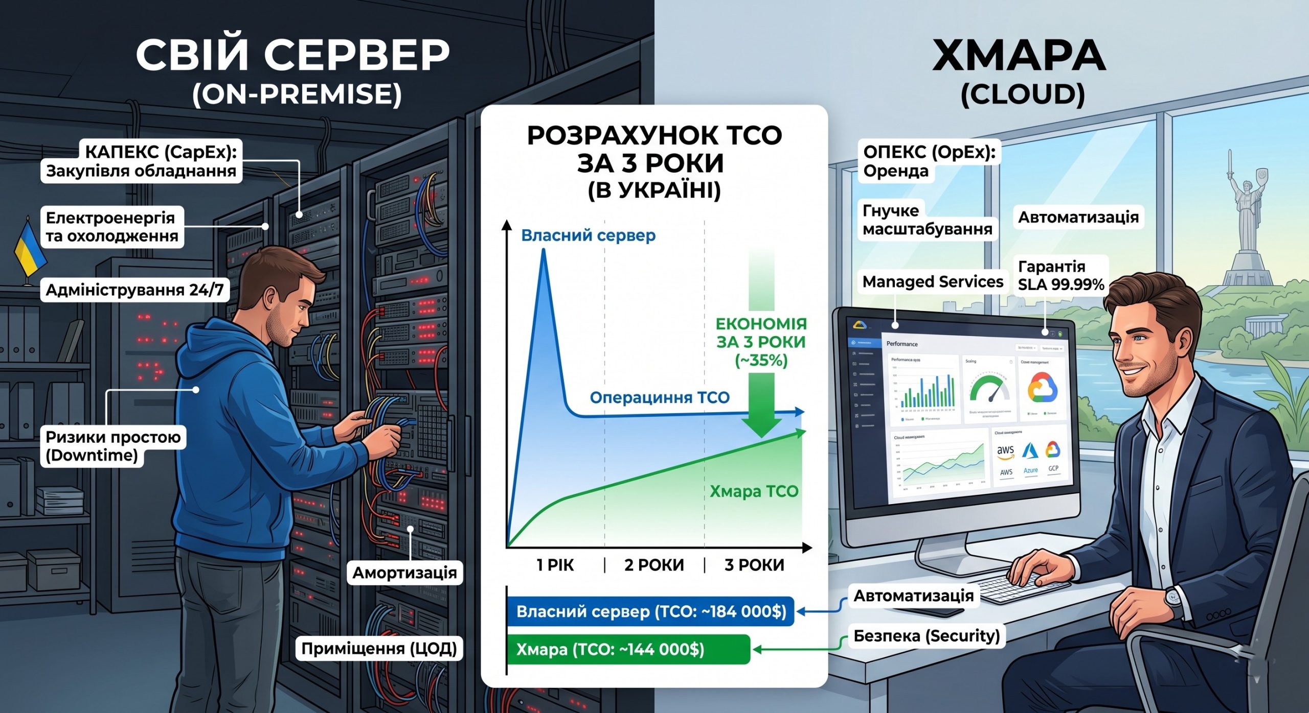 Порівняння витрат CapEx на свій сервер та OpEx у хмарі при розрахунку TCO