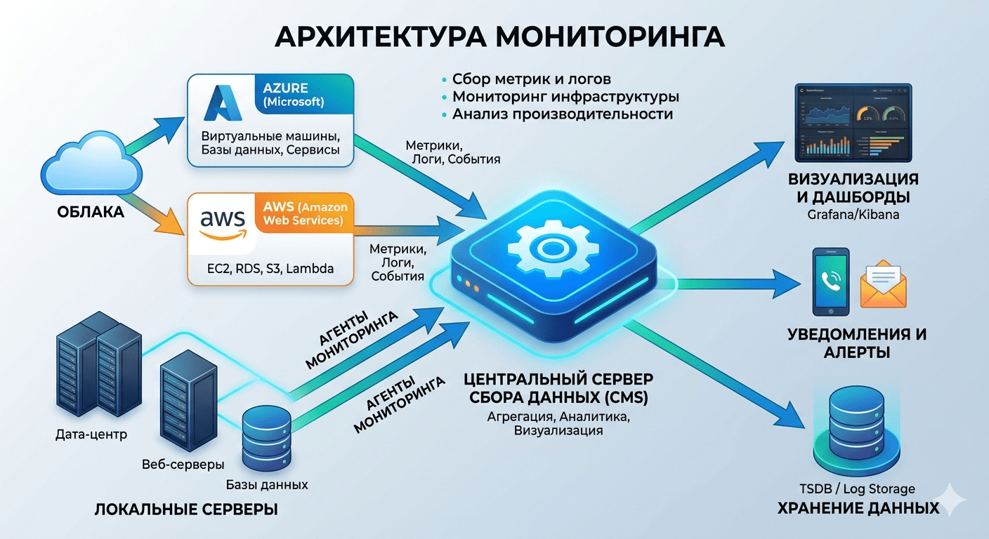 Схема работы круглосуточного мониторинга серверов 24/7 для бизнеса.