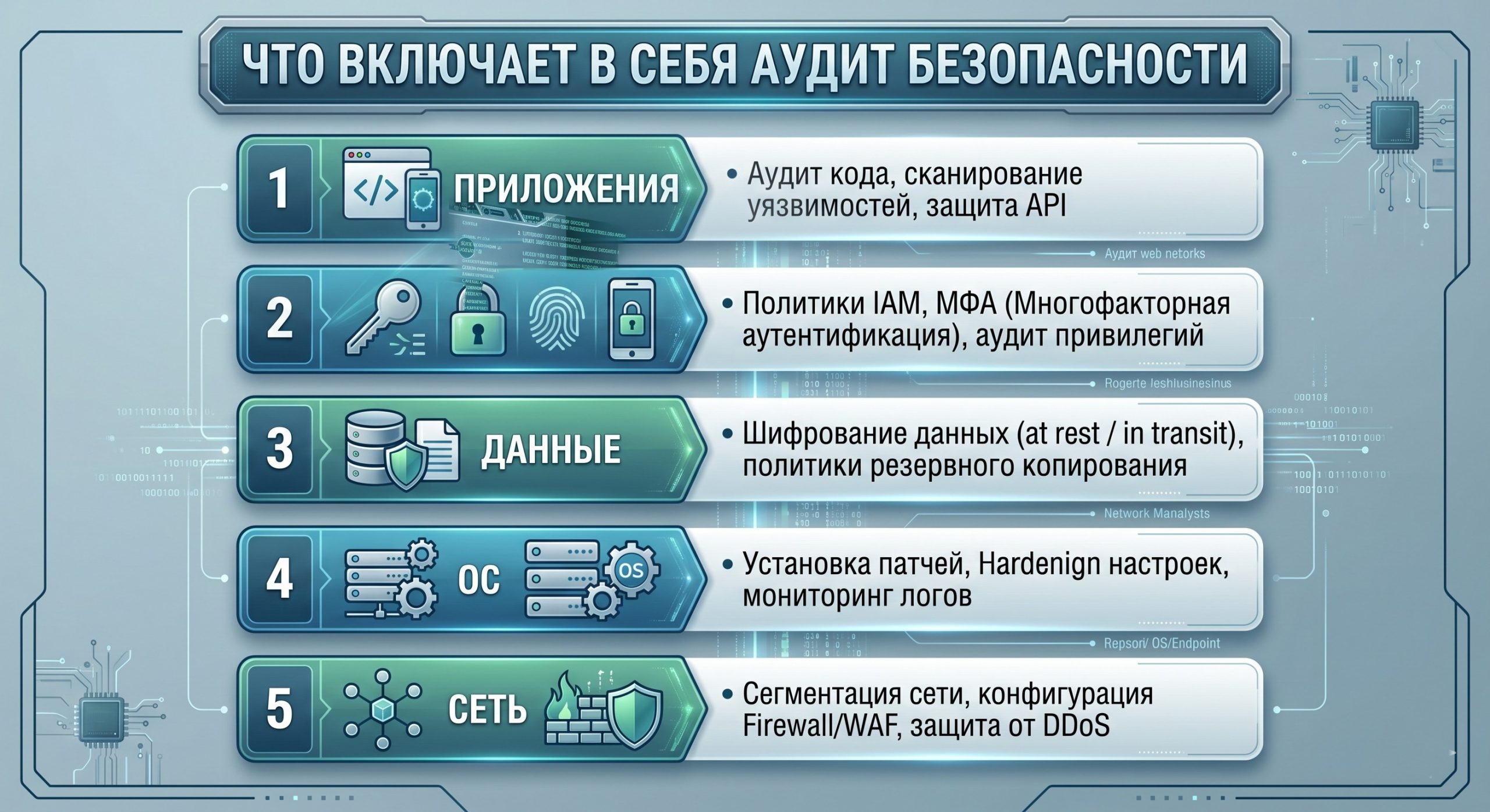 Этапы и направления, которые включает проверка безопасности физических и облачных серверов.