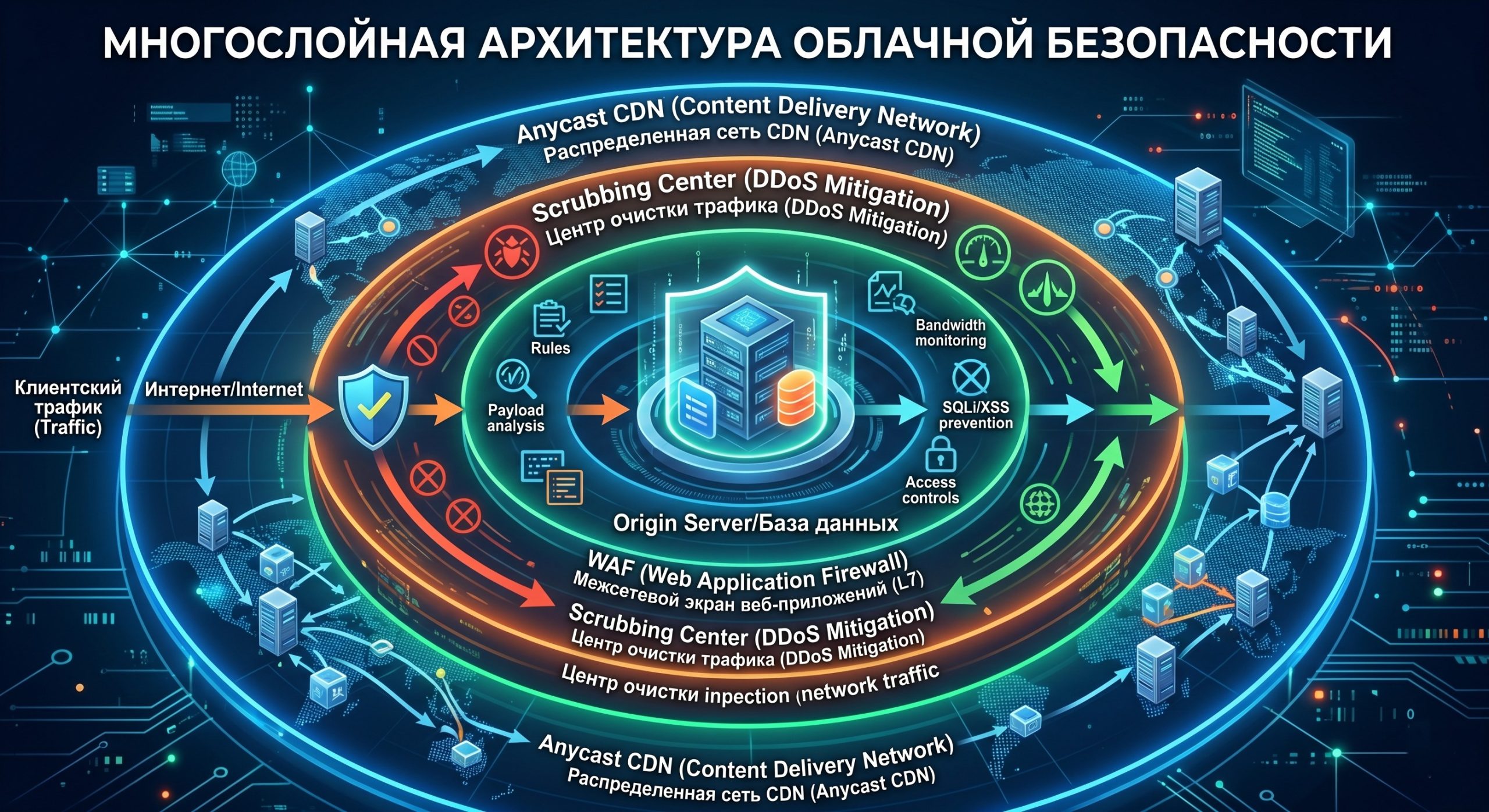 Эшелонированная защита от DDoS: архитектура безопасности с использованием CDN, WAF и облачных сервисов