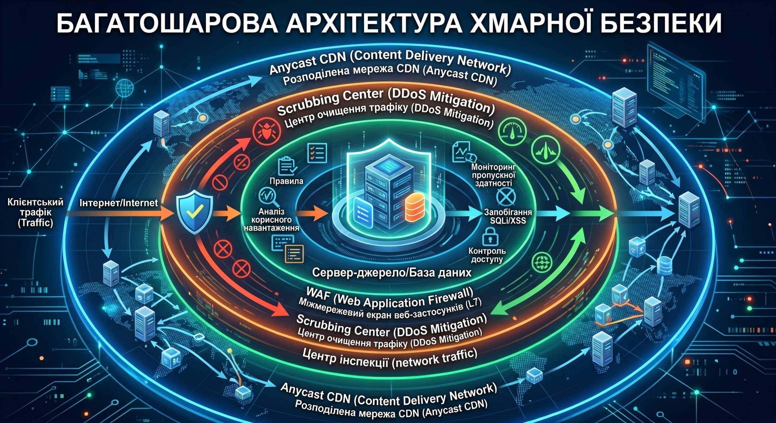 Ешелонований захист від DDoS: архітектура безпеки з використанням CDN, WAF та хмарних сервісів
