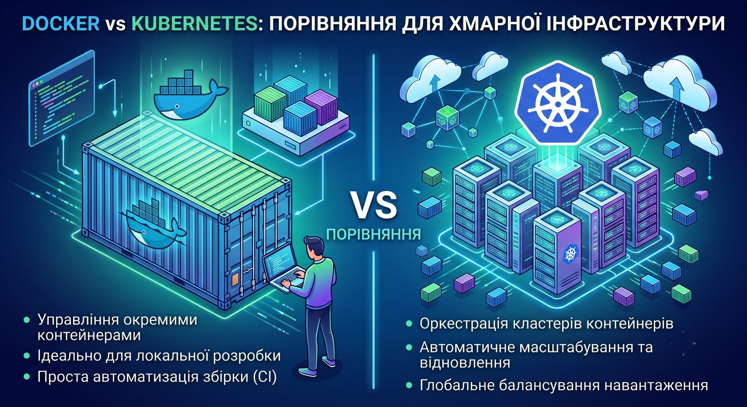 Порівняння Docker або Kubernetes для хмарної ІТ-інфраструктури проекту.
